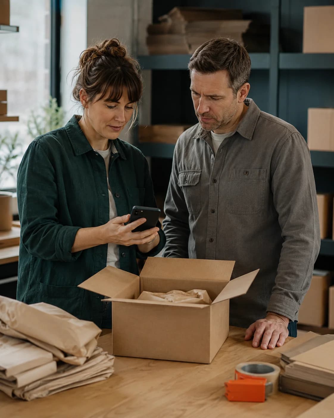 AI-generated example: two colleagues review a packing task together, with a phone and materials at the workbench.