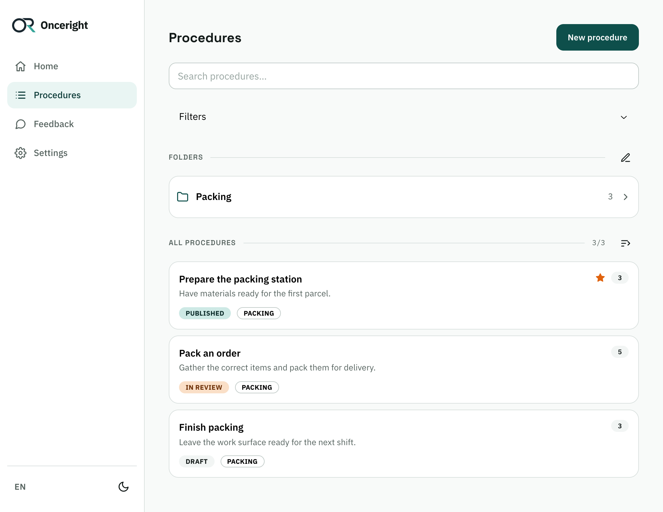 Onceright’s procedure library with example data: folders, search, and procedures that are published, in review or drafts.